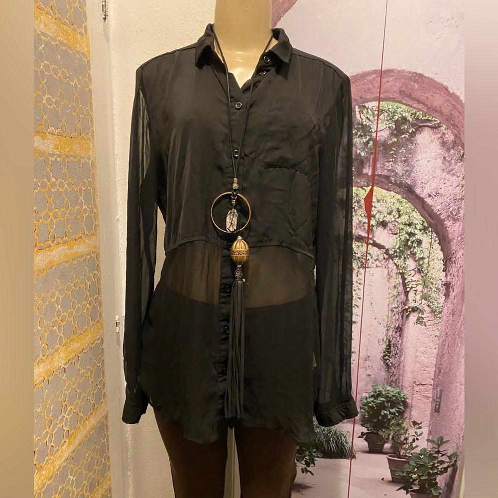 Free People Best of Both Worlds sheer black Blouse size M - Picture 5 of 13